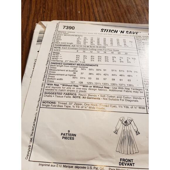 McCall's Easy Stitch 'n Save 7390 Flared Dress Misses 16-22 Pattern Uncut - Picture 3 of 5